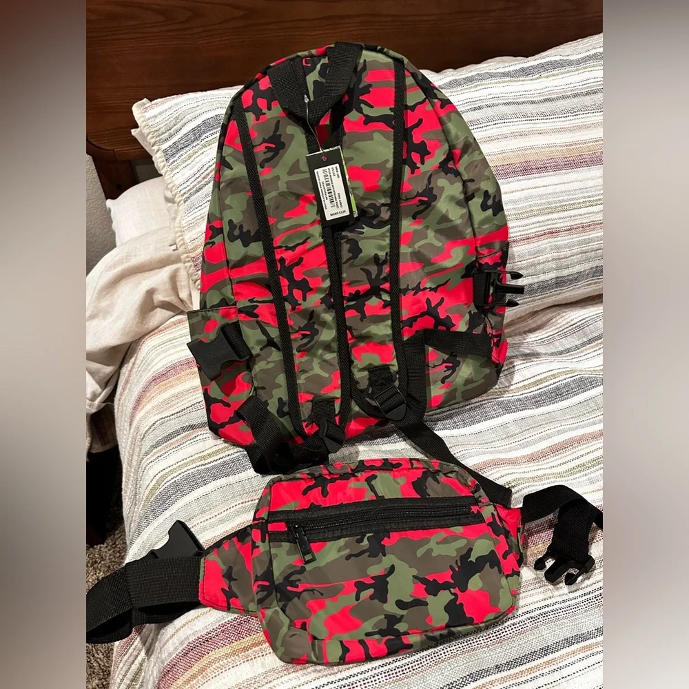 Red & Green Camo Backpack with Matching Waist Pack